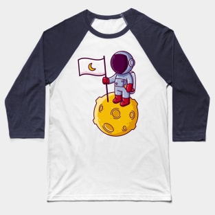 Cute Astronaut Landing on Moon Cartoon Baseball T-Shirt